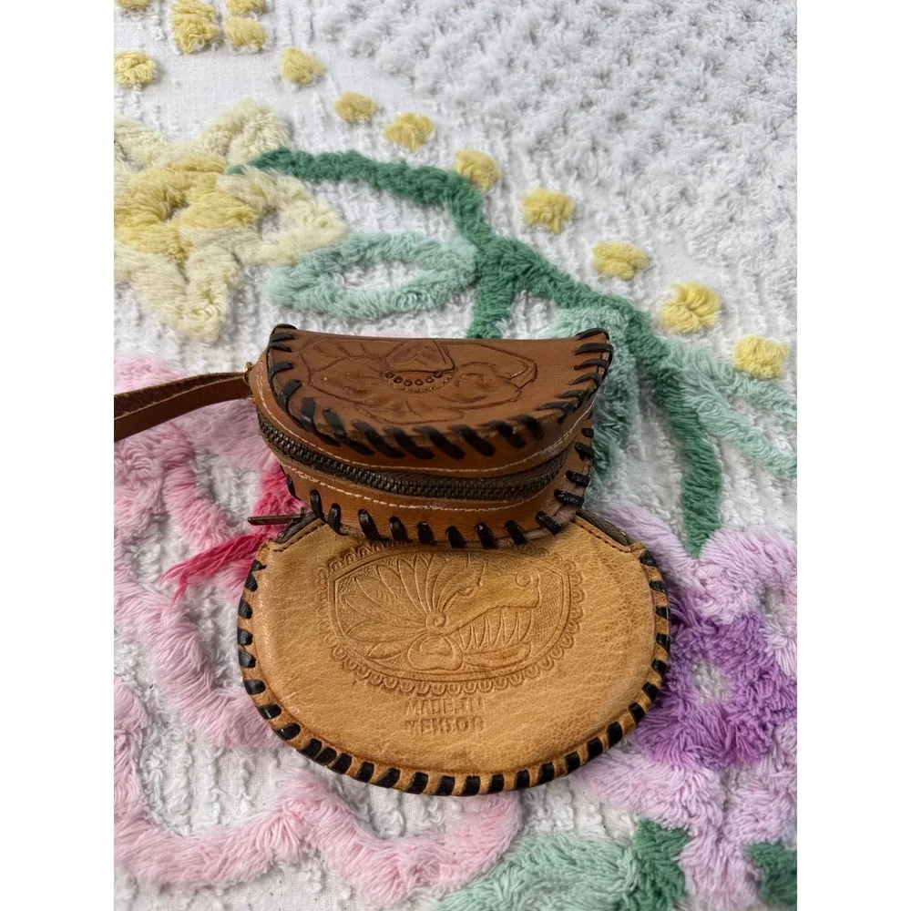 Vintage‎ Tooled Leather Coin Purse Pouch Florida Mexico Floral Design